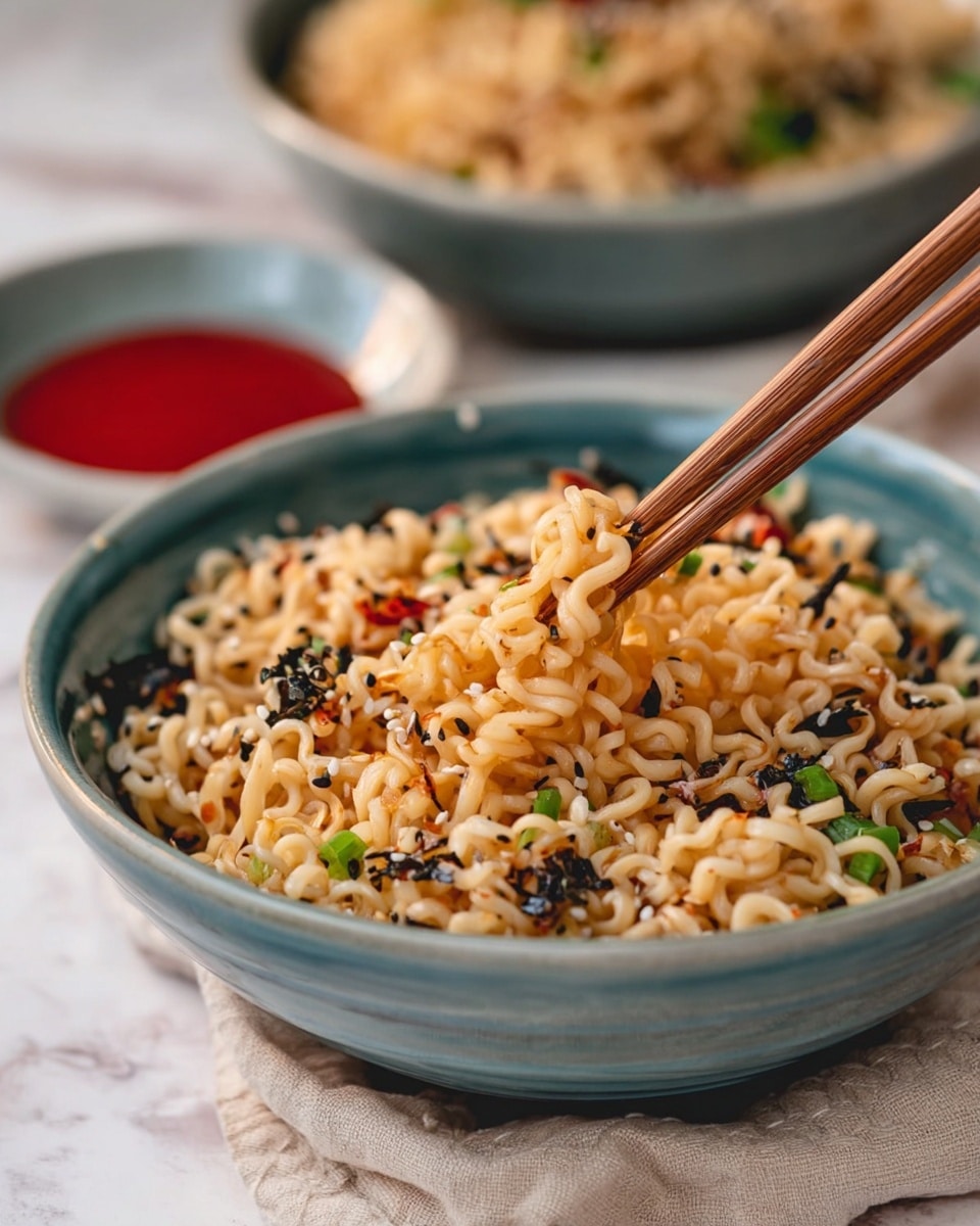 A close-up view of one blue ceramic bowl filled with cooked curly noodles mixed with small green onion pieces, black seaweed bits, sesame seeds, and red pepper flakes scattered throughout, with a pair of wooden chopsticks lifting some noodles from the center of the bowl. Behind it, there is another blue bowl with more noodles, slightly out of focus, and a small bowl with red sauce next to it. The bowls sit on a beige cloth over a white marbled surface. photo taken with an iphone --ar 4:5 --v 7