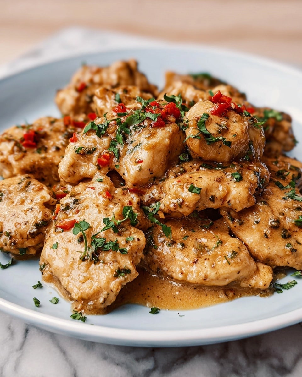 A white plate holds a pile of cooked chicken pieces covered in a thick, light brown sauce with visible small green herbs and bits of red pepper. The chicken pieces are golden-brown and have a soft texture, slightly shiny from the sauce. Small green herb leaves are scattered over the top, adding a fresh touch. The plate rests on a white marbled surface, enhancing the warm color of the dish. photo taken with an iphone --ar 4:5 --v 7
