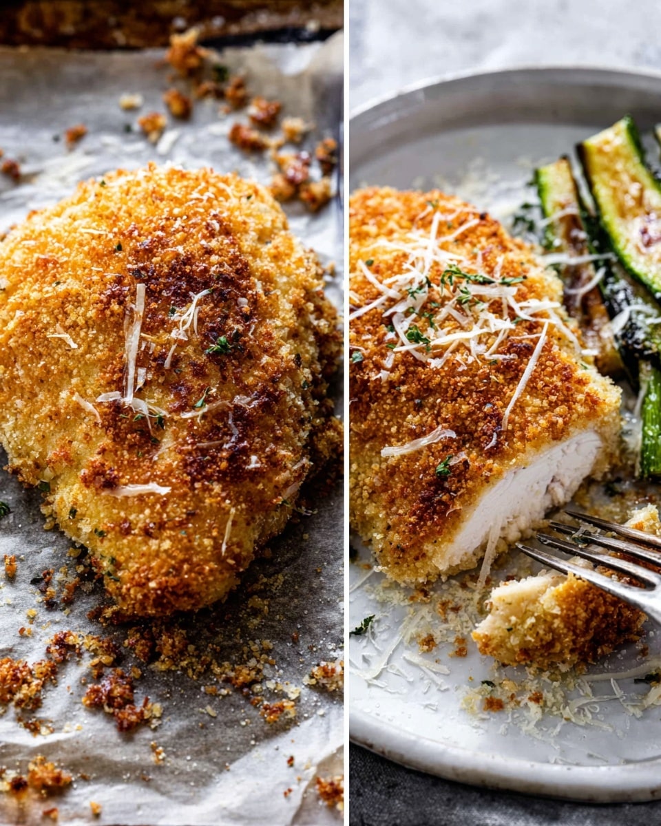The image shows two close-up views of a golden-brown breaded chicken piece. On the left side, the chicken is on a sheet of parchment paper with crispy bread crumbs scattered around it, showing a crumbly and crunchy texture on top. On the right side, the chicken is served on a white plate with a white marbled surface, garnished with finely grated cheese flakes and green grilled vegetables on the side. A woman's hand is using a fork to hold the chicken while cutting it with a knife, revealing the crunchy outer layer and tender inside. Photo taken with an iphone --ar 4:5 --v 7