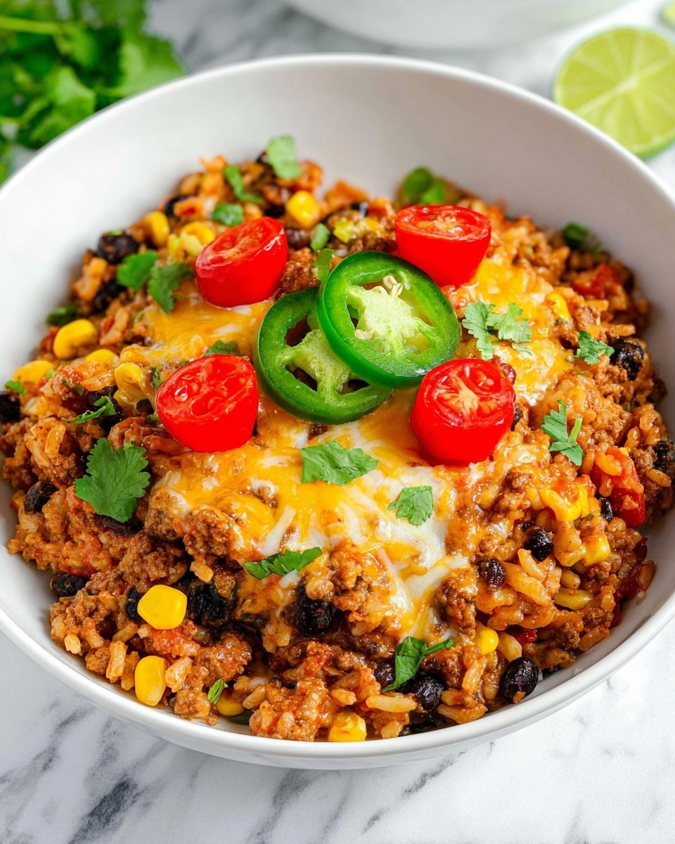 The dish is served in a white bowl, with a base layer of mixed rice and ground meat that is brown with some orange from spices. Scattered throughout are yellow corn kernels and black beans, adding pops of color. Melted cheese in shades of light yellow and white is layered over the rice and meat mix. On top, there are three bright red halved cherry tomatoes placed around the center. Two green jalapeño slices with visible seeds sit in the middle as a topping. Small green cilantro leaves are sprinkled on and around the dish for garnish. The bowl is placed on a white marbled surface. Photo taken with an iphone --ar 4:5 --v 7