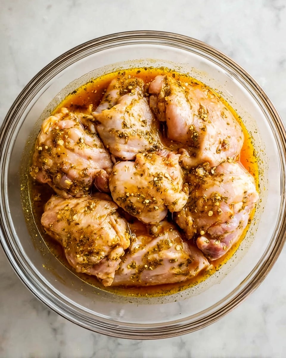 The image shows a clear glass bowl filled with seven pieces of raw chicken thighs marinating in an orange-colored sauce with visible herbs and spices. The chicken pieces are light pink with slightly wet textures, covered unevenly by the marinade that has a glossy, oily look. The bowl is placed on a white marbled surface. The photo taken with an iphone --ar 4:5 --v 7