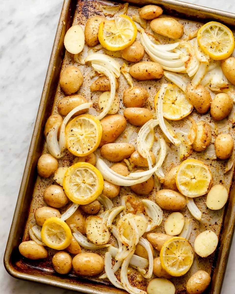 The image shows a roasting pan filled with small, pale golden fingerling potatoes, some whole and some sliced in half, scattered evenly across the pan. Thin rings of white onion are spread on top and around the potatoes. Bright yellow lemon slices with visible seeds are placed throughout the pan, adding pops of color. The pan and its ingredients are coated with a light sprinkling of black pepper and seasonings, giving a slightly speckled texture on the potatoes and onions. The pan sits on a white marbled surface. photo taken with an iphone --ar 4:5 --v 7