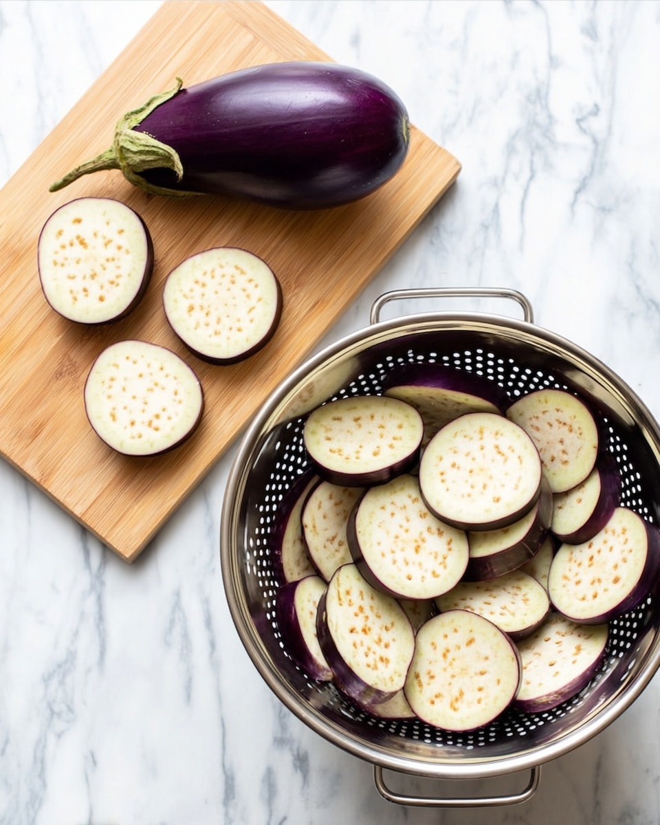 The image shows two parts: on the left, there is a wooden cutting board with one whole dark purple eggplant at the top and a half eggplant below it. Next to the half eggplant, there are four round slices of eggplant, each with pale cream insides and small brown seeds forming a pattern. On the right, a silver colander sits on a white marbled surface, holding many more round eggplant slices, showing the smooth pale inner surface with purple edges and speckled brown seed patterns. Photo taken with an iphone --ar 4:5 --v 7