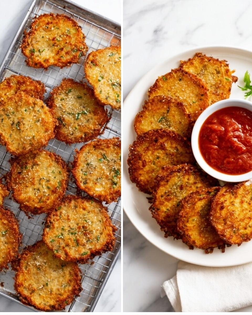 The image shows two parts: on the left, many golden brown fried rounds with a crispy texture and flecks of green herbs rest on a silver wire rack. On the right, the same fried rounds are stacked on a white round plate, making about two layers, with the top layer showing the crispy outside and some dark edges. Next to the pile on the plate is a small white bowl filled with thick red sauce. The background is a white marbled surface with a folded white cloth napkin partially visible on the right. photo taken with an iphone --ar 4:5 --v 7