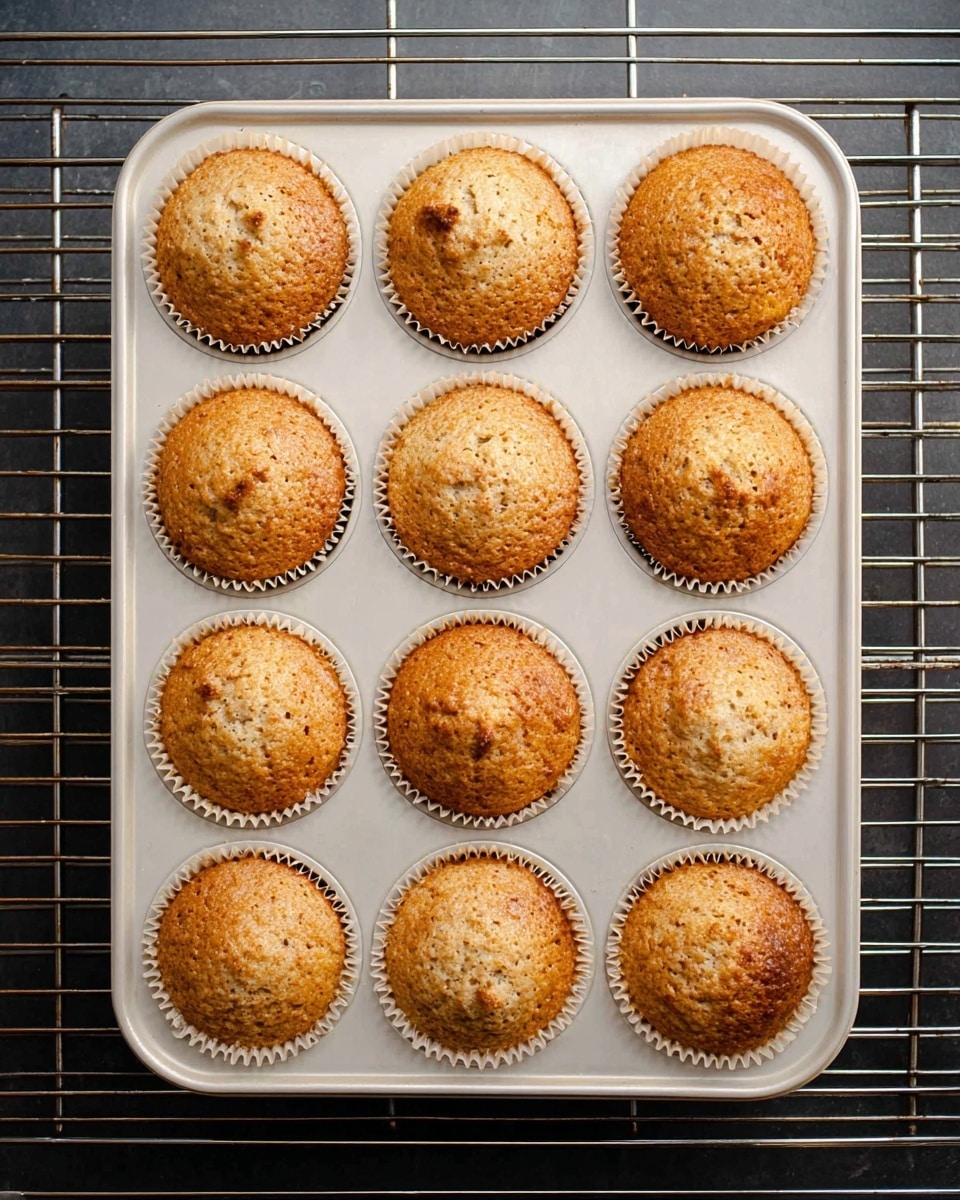 A white metal baking tray holds twelve golden brown muffins arranged in three rows of four. Each muffin sits in a light paper cup with a slightly crinkled edge. The muffins have a slightly domed, textured top with small cracks and a warm, browned surface, showing a soft crumb texture underneath. The tray is placed on a metal cooling rack with thin horizontal and vertical bars, and this rests on a dark surface. The photo is taken from above, showing all muffins clearly. photo taken with an iphone --ar 4:5 --v 7