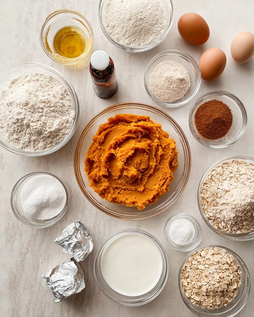 The image shows many clear glass bowls and one silver-wrapped package arranged neatly on a white marbled surface. In the center is a large bowl filled with smooth, bright orange mashed pumpkin. Surrounding it are several bowls with different ingredients: granulated brown sugar, white flour piled high, brown spice powder, white powdery sugar, a small amount of salt, and fine white powder. Two brown eggs are in a bowl near the top, with a small glass of oil next to them. There is also a small bottle of dark vanilla extract with its white cap off, a bowl of oats, a small bowl of liquid milk at the bottom, and a silver-wrapped package lying flat near the left. Everything is arranged in an organized way for baking preparation. photo taken with an iphone --ar 4:5 --v 7