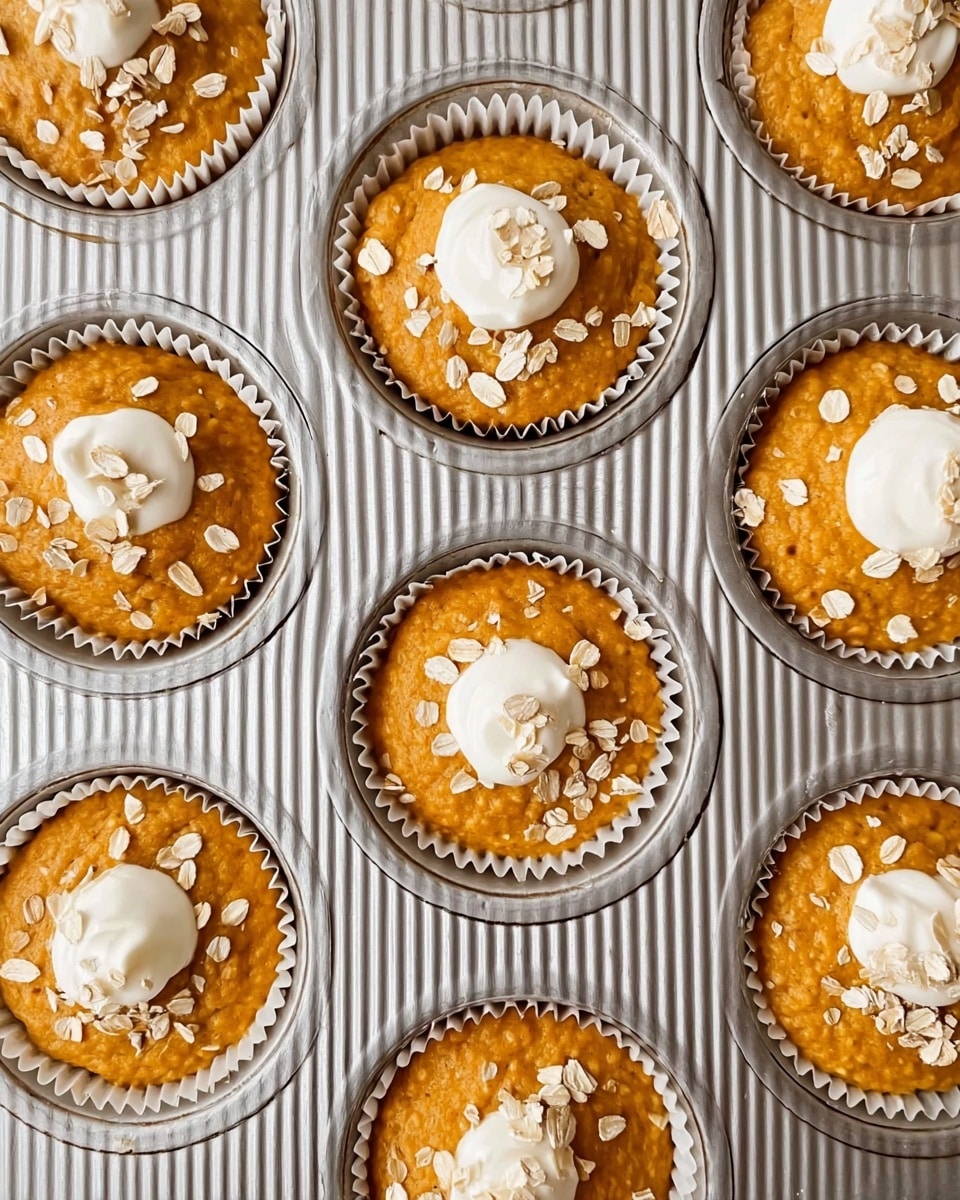 A close-up top view of a metal muffin tray filled with a grid of twelve uncooked muffins, each in a white paper liner. Each muffin has one main layer of smooth orange batter topped with a small dollop of white cream in the center. Light-colored oat flakes are sprinkled unevenly over the top layer of orange batter around the cream dollop. The tray rests on a white marbled surface. photo taken with an iphone --ar 4:5 --v 7