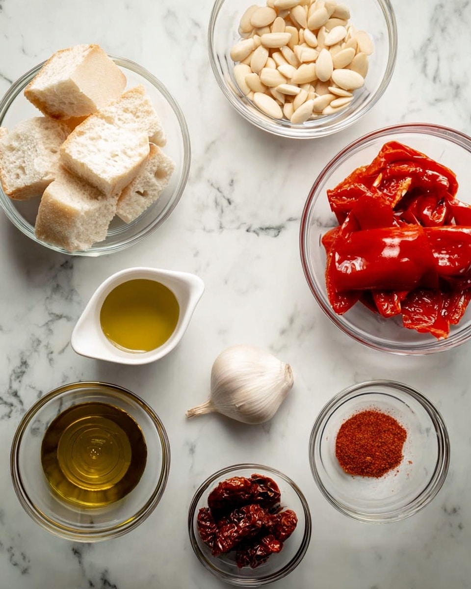On a white marbled surface, there are several small clear glass bowls and ingredients spaced out evenly. One bowl contains soft white bread pieces, another is filled with whole pale almonds, and a third holds bright red roasted red peppers with a smooth texture. Nearby, a small white cup has golden extra virgin olive oil, and a small glass bowl includes dark reddish-brown sun dried tomatoes. A small dish of reddish seasoning powder sits next to a clear bowl with amber sherry vinegar. A single clove of pale garlic is placed directly on the surface among these ingredients. The items are all viewed from above in bright natural light photo taken with an iphone --ar 4:5 --v 7