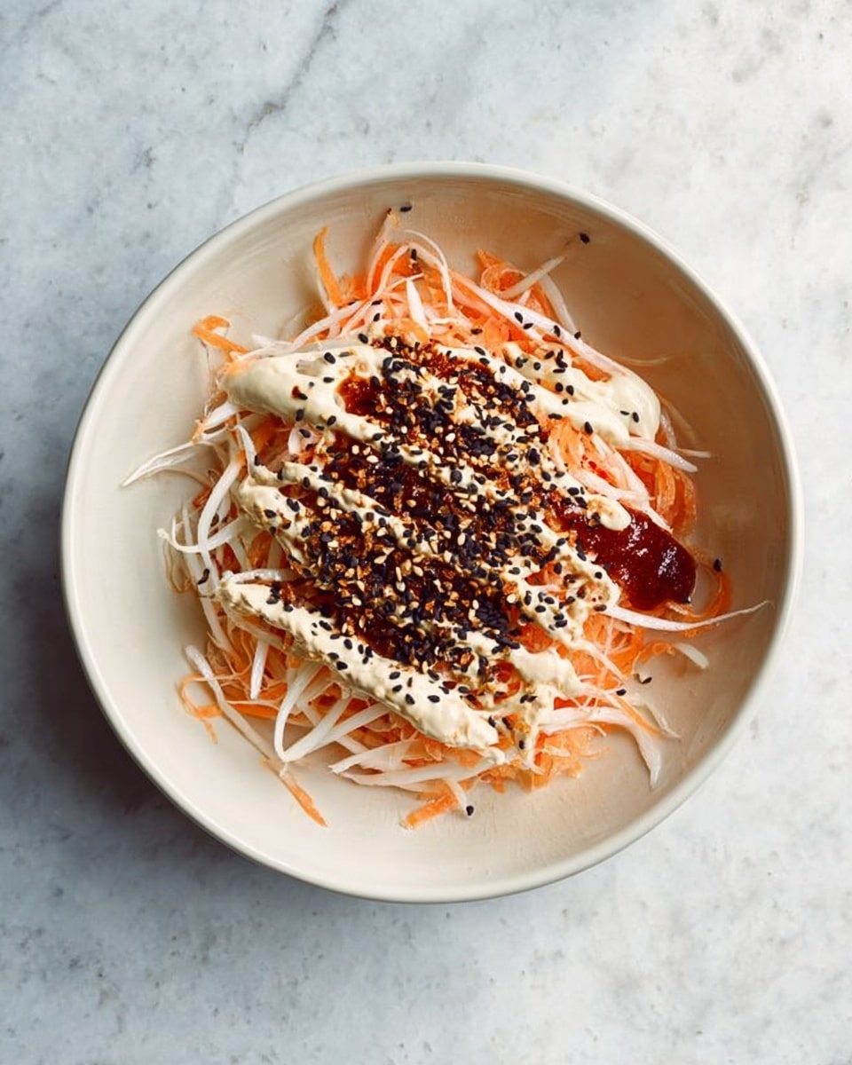 A white bowl sits on a white marbled surface, filled with a simple salad made of thin white and orange strips, most likely shredded vegetables like daikon and carrot. On top of the shredded vegetables, there are two sauces in lines: a light creamy sauce with black sesame seeds sprinkled over it, and a darker reddish-brown sauce beside it. The texture of the shredded vegetables looks fresh and crisp. Photo taken with an iphone --ar 4:5 --v 7