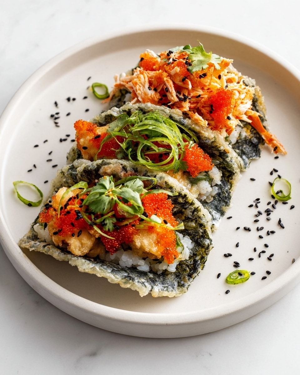 Three seaweed tempura tacos sit on a round white plate placed on a white marbled surface. Each taco has a crispy, light gray tempura seaweed shell wrapped around layers of white sushi rice, topped with finely chopped orange fish and bright red fish eggs. Two tacos are garnished with fresh green herbs and thin rings of green chili, while one taco holds shredded orange crab meat with some green herbs on top. Black and white sesame seeds are scattered on the tacos and around the plate. Photo taken with an iphone --ar 4:5 --v 7