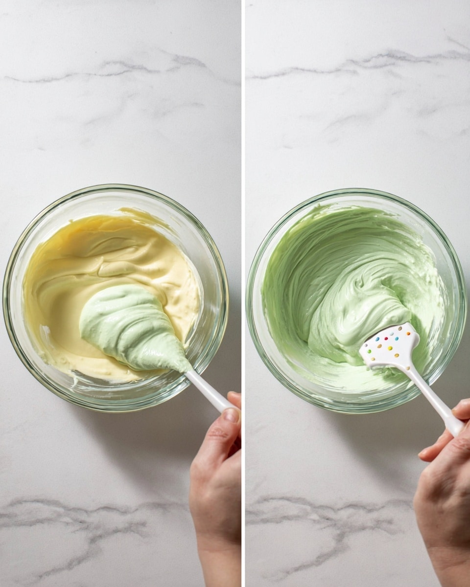 Two images side by side show a clear glass bowl on a white marbled surface. The left image shows two layers inside the bowl: a bottom layer of smooth creamy pale yellow mixture and a top layer of thick light green mixture with a soft texture. The right image shows the same bowl with the two mixtures being mixed together with a white spatula with colored dots, held by a woman's hand from the right side, blending the layers into a consistent pale green creamy mixture. Photo taken with an iphone --ar 4:5 --v 7