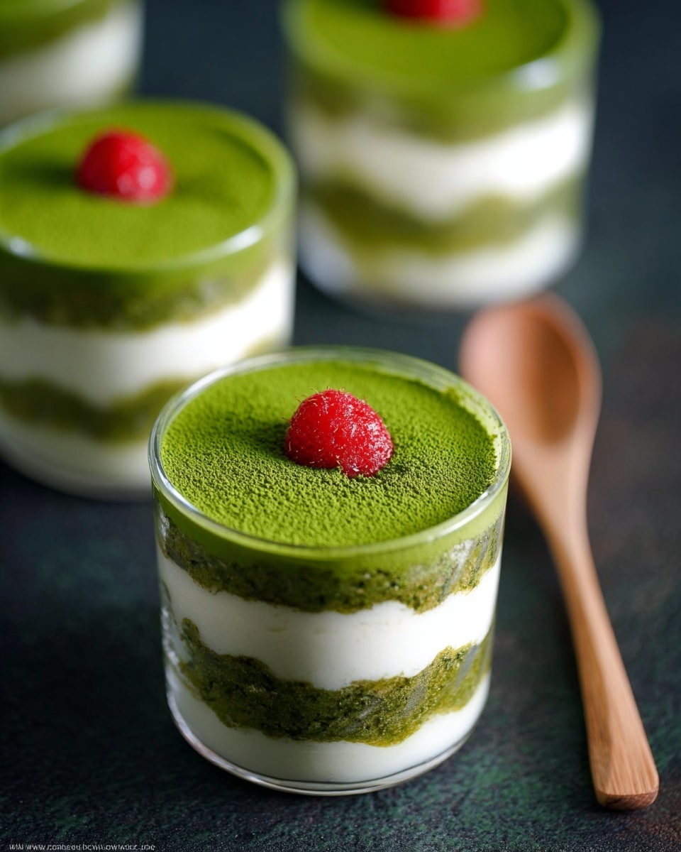 The image shows four clear glass cups filled with a dessert that has five visible layers, alternating between white creamy layers and bright green powdery layers. The top layer is covered with a smooth green powder and decorated with a small red raspberry piece in the center. The cups are placed on a dark surface with a slightly rough texture, and behind them is a wooden spoon standing upright. The focus is sharp on the front cup, while the background cups appear softer and slightly blurred. photo taken with an iphone --ar 4:5 --v 7