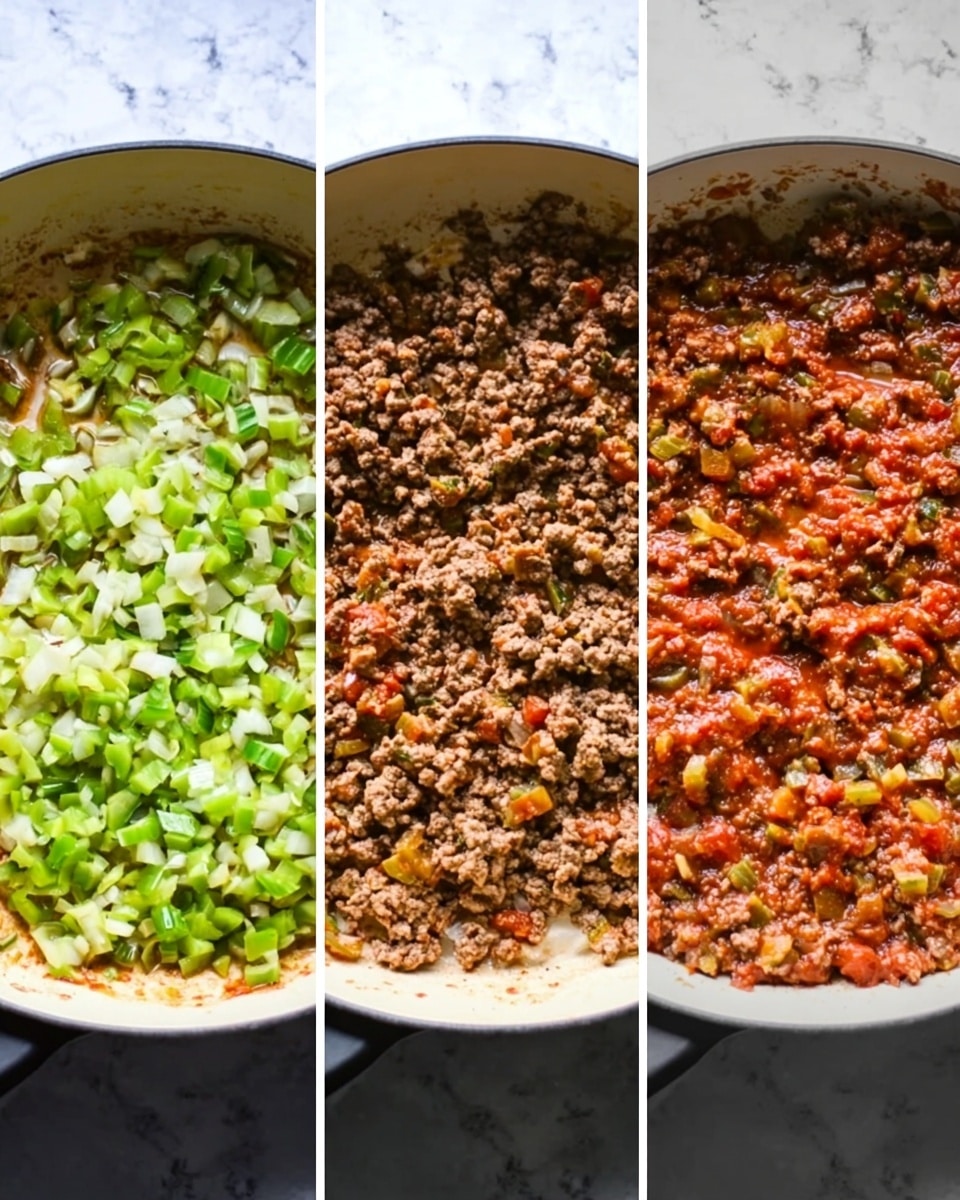 The image shows three side-by-side close-up views of the cooking process in a white pan on a white marbled surface. The first view has small chopped green and white vegetables, soft and slightly cooked with a bit of oil visible. The second view shows cooked ground meat mixed with the same chopped green and white vegetables, evenly spread out in the pan. The third view displays ground meat mixed with a thick red sauce and small pieces of vegetables, covering the entire surface of the pan. Photo taken with an iphone --ar 4:5 --v 7