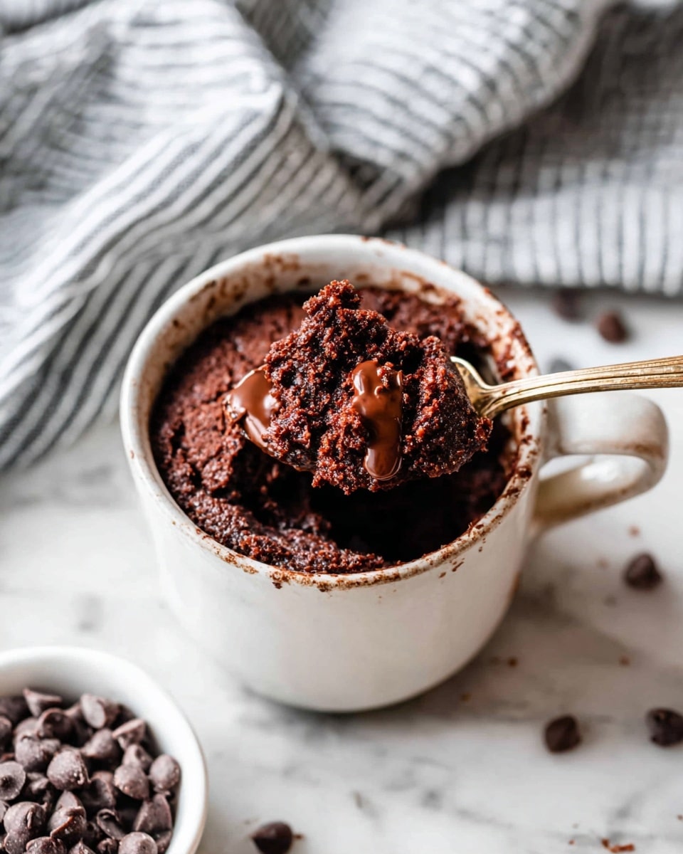 A white cup filled with a moist, dark brown chocolate cake with a soft texture, where a spoon with a golden handle scoops into the cake revealing melted chocolate inside. The cup sits on a white marbled surface with a gray and white striped cloth in the background, and a small white bowl filled with dark chocolate chips is partially visible below the cup. The scene is bright and cozy with a close-up focus. Photo taken with an iphone --ar 4:5 --v 7