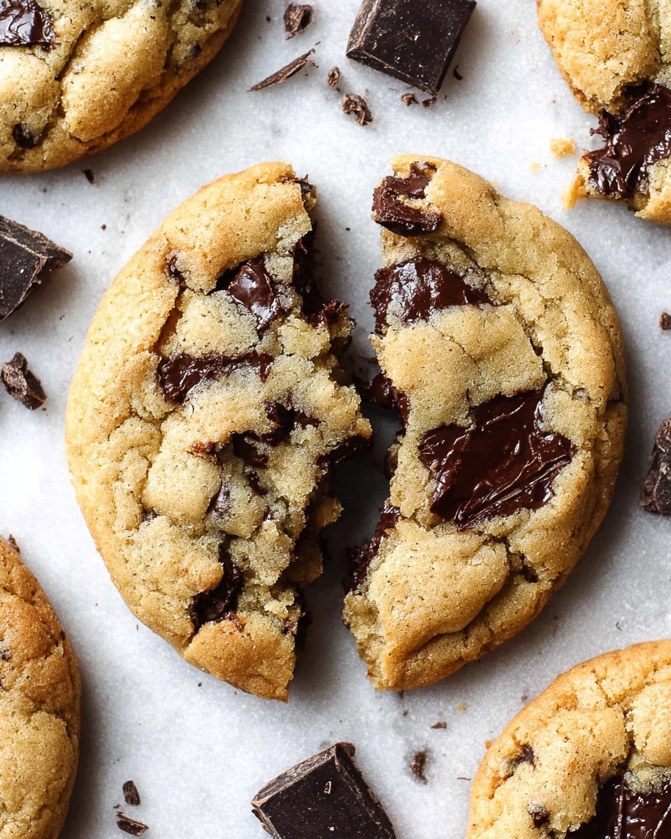 A close-up view of a light golden brown cookie broken in half, showing its soft, slightly crumbly texture with large dark chocolate chunks melting slightly inside. The cookie surface has small cracks and is surrounded by whole cookies and scattered dark chocolate pieces on a white marbled texture. photo taken with an iphone --ar 4:5 --v 7