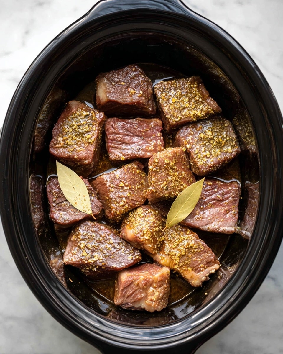 Inside a black crockpot, there are ten browned beef chunks of different sizes arranged in two layers, five on the bottom and five on top. The beef pieces have a rich brown color, some showing a bit of a lighter, caramelized fat layer. They are sprinkled with yellow and pale green dried herbs and seasoning. Two whole bay leaves lie on one of the beef pieces in the middle top layer. The crockpot sits on a white marbled surface photo taken with an iphone --ar 4:5 --v 7