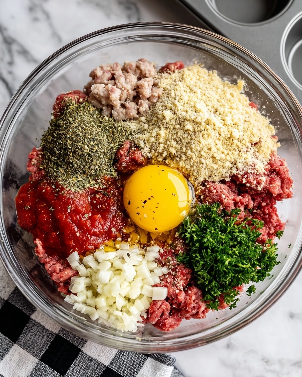 A clear glass bowl sits on a white marbled surface filled with layers of ingredients arranged without mixing. The bottom right layer is a deep pink ground beef, next to it on the upper right is a light beige pile of bread crumbs and parmesan cheese with a bright yellow egg yolk and creamy light yellow dijon mustard on top. Above that is a sprinkle of green dried oregano. To the left of the oregano is light pink raw sausage. In the bottom left corner is vibrant red marinara sauce, next to a small pile of finely chopped white garlic. Bright green chopped parsley is in the center. Salt and black pepper are sprinkled in small amounts near the beef. Behind the bowl is a silver muffin tin, and a corner of a black and white checkered cloth is seen at the bottom. Photo taken with an iphone --ar 4:5 --v 7