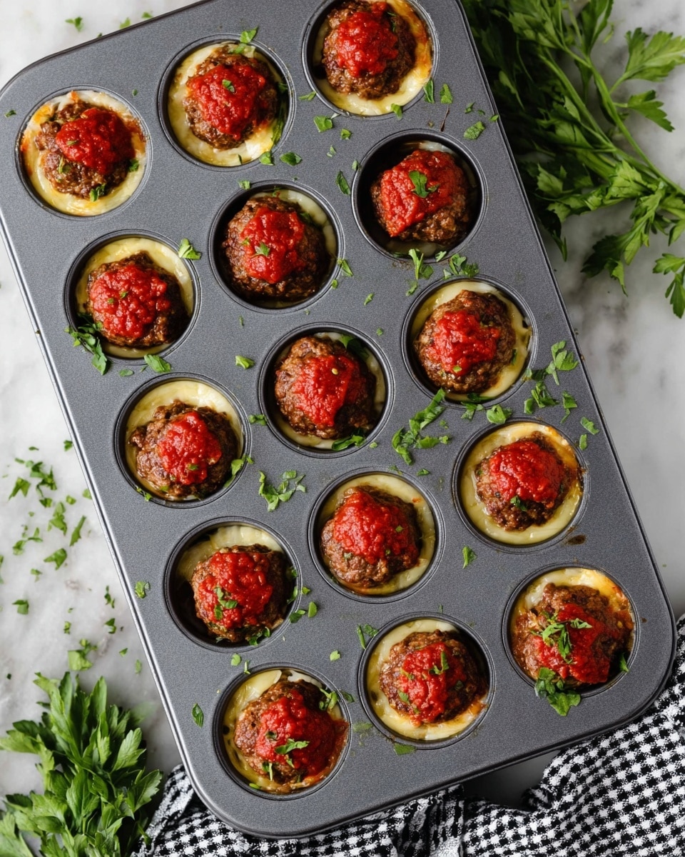 A gray muffin tray holds twelve round meatballs, each sitting on a layer of melted, light yellow cheese that fills the bottom of each cup. The meatballs are brown with a slightly crispy texture and are topped with a bright red tomato sauce dollop. Fresh green chopped herbs are sprinkled on top and around the tray for a fresh look. The tray is placed on a white marbled surface with some leafy green herbs and a black-and-white checkered cloth visible at the bottom right corner. Photo taken with an iphone --ar 4:5 --v 7