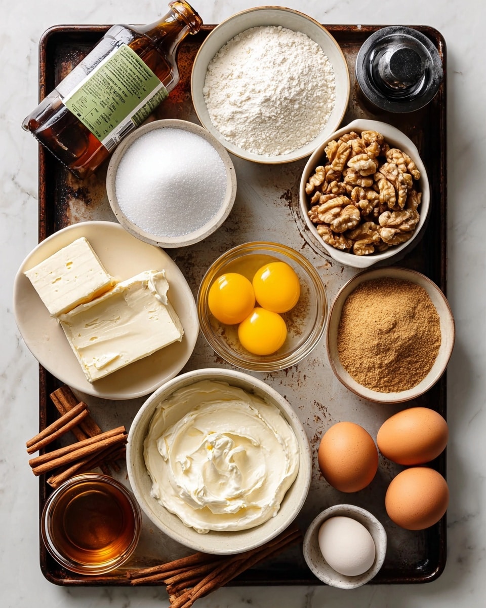 The image shows a dark baking tray on a white marbled surface, filled with baking ingredients neatly arranged in layers. On the top left, there is a clear brown glass bottle with a green label lying flat. Next to it is a white bowl filled with white granulated sugar and a small black bowl of coarse sea salt below it. To the right, a white bowl holds many walnut halves with some scattered around it. Below the nuts, a white bowl contains thick cream. Two silver-wrapped blocks of cream cheese sit near the lower left, with a small glass bowl holding two bright yellow egg yolks in the center. A brown bowl filled with light brown sugar is near the bottom right, surrounded by various brown and white eggs. A small brown cup with some amber syrup and three cinnamon sticks lie near the bottom left, while a small dark bottle of vanilla extract with a black cap rests near the nuts. photo taken with an iphone --ar 4:5 --v 7