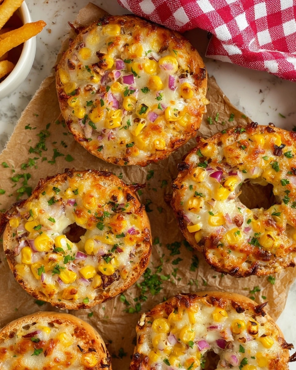 The image shows several toasted bagels topped with a melted cheese mixture mixed with corn and small red onion pieces. The bagels are placed on brown parchment paper over a white marbled surface, with some green herbs sprinkled around for color. The top layer has a bubbly, golden-brown melted cheese texture with bright yellow corn kernels and bits of raw red onion scattered throughout, making the toppings look rich and inviting. Part of a white bowl with fries is visible in the corner, and a red and white checked cloth is draped nearby. photo taken with an iphone --ar 4:5 --v 7