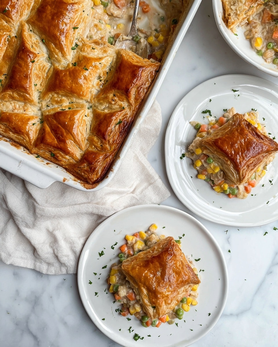 The image shows a white baking dish filled with a layered casserole, topped with a shiny, golden-brown puff pastry crust cut into square pieces with some green garnish. Inside the casserole are thick creamy layers with visible chunks of orange carrots, yellow corn, and green peas mixed with light beige sauce and shredded ingredients. Two white plates hold single portions of the casserole with the same thick creamy base and a golden puff pastry piece on top. The dishes are set on a white marbled surface, with a soft white cloth nearby. Photo taken with an iphone --ar 4:5 --v 7