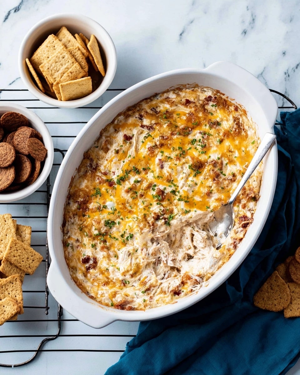 A white oval baking dish filled with a creamy, mixed dip that has a light beige base with bits of darker shredded meat and melted golden cheese on top, sprinkled with green herbs. The dip has a slightly textured surface showing swirls of ingredients. A silver spoon rests inside the dish on the right side. Above this dish, there are two small white bowls; the left bowl holds light brown square crackers stacked unevenly, and the right bowl is filled with round, darker brown chips. A dark blue cloth is partially visible on the lower right corner, and everything is placed on a white marbled surface with a black cooling rack underneath the main dish. Photo taken with an iphone --ar 4:5 --v 7