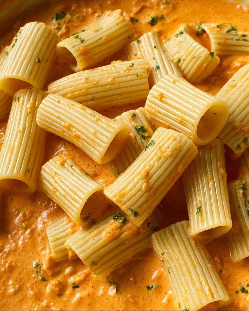 The image shows a close-up of rigatoni pasta pieces resting on a thick orange sauce with visible green herb bits mixed in. The rigatoni tubes are light yellow with ridged textures, piled unevenly and slightly overlapping each other. The sauce beneath is creamy, covering the base completely, and has a smooth but slightly textured surface. The background is a white marbled texture. photo taken with an iphone --ar 4:5 --v 7