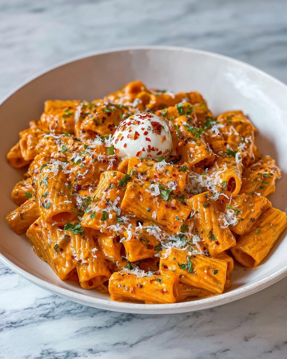 The image shows a white bowl filled with rigatoni pasta covered in a creamy orange sauce. The pasta is arranged in layers with the sauce evenly coating each piece, giving a smooth and rich texture. There are small green herb pieces sprinkled throughout, adding a fresh touch, along with grated white cheese scattered on top. In the center, a single small ball of white cheese is placed, topped with some red chili flakes. The bowl sits on a white marbled surface. Photo taken with an iphone --ar 4:5 --v 7