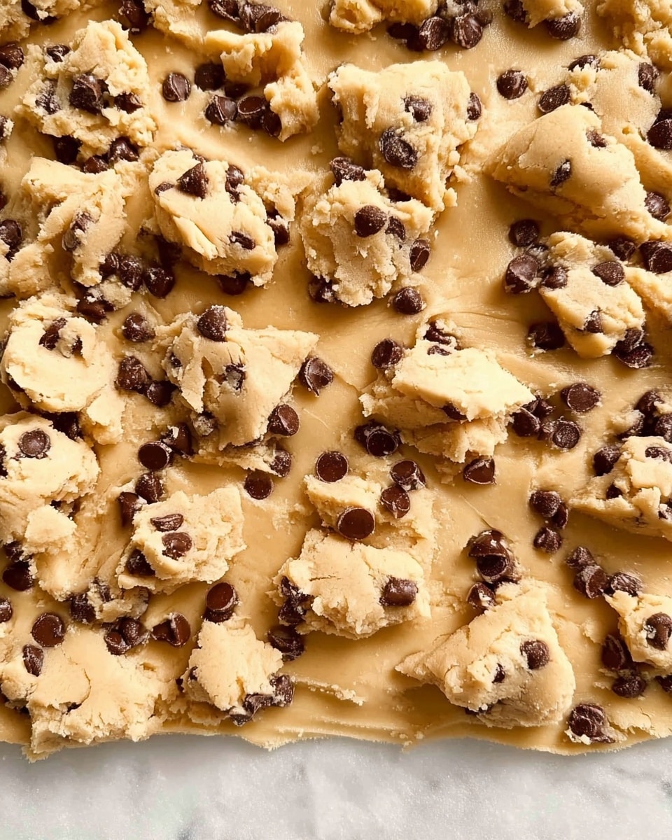 The image shows a close-up of a flat, light yellow dough base spread evenly across a white marbled surface. On top of this dough, there are uneven blobs of light brown cookie dough with dark chocolate chips scattered throughout. The blobs vary in size and shape, creating a textured, layered look. The cookie dough has a soft, slightly chunky texture with the chocolate chips visibly embedded and sticking out. The dough underneath is smooth and thin, providing a clear contrast to the rougher cookie dough pieces on top. photo taken with an iphone --ar 4:5 --v 7