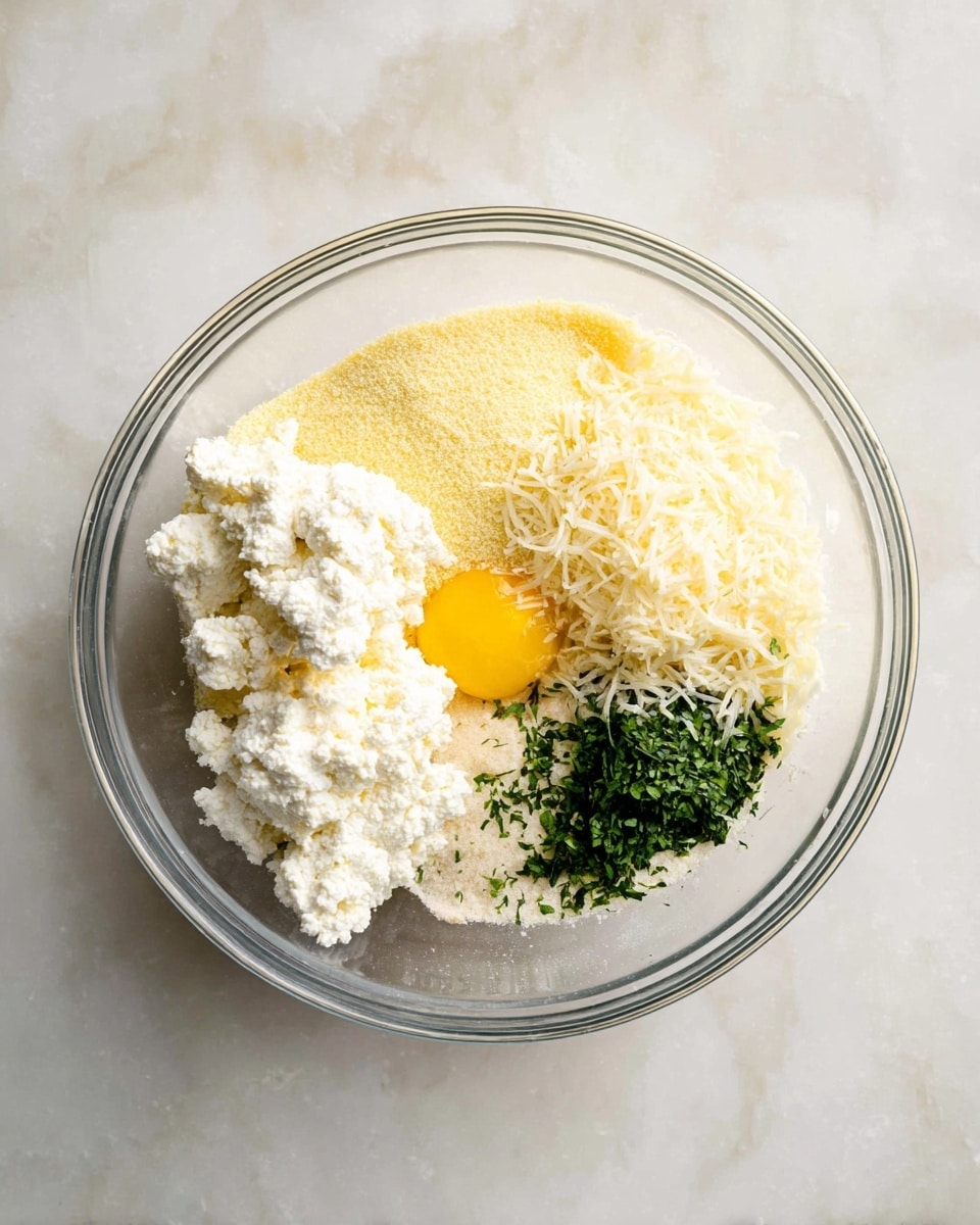 A clear glass bowl is placed on a white marbled surface, containing five main layers of ingredients. At the bottom left, there is a rough, white lumpy layer of ricotta cheese. To its upper left is a smooth, pale yellow layer of fine cornmeal or flour. On the upper right side, there is a light beige pile of finely shredded cheese. Just below the shredded cheese, a bright yellow egg yolk sits beside a small pile of finely chopped green herbs. The layers are distinct and not mixed, showing different textures and colors in the bowl. photo taken with an iphone --ar 4:5 --v 7