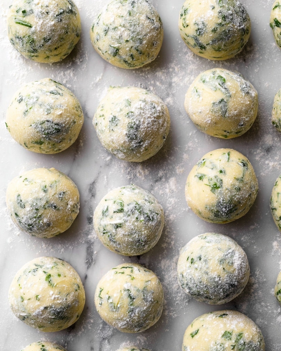 The image shows round dough balls mixed with green herbs evenly spread out on a white marbled surface. Each ball is lightly dusted with white flour, giving a slightly powdery look on top. The dough has a pale yellow color with visible green specks throughout, indicating the presence of herbs. The balls are placed close but not touching, in neat rows covering the frame, with soft lighting highlighting the texture and flour dust. photo taken with an iphone --ar 4:5 --v 7