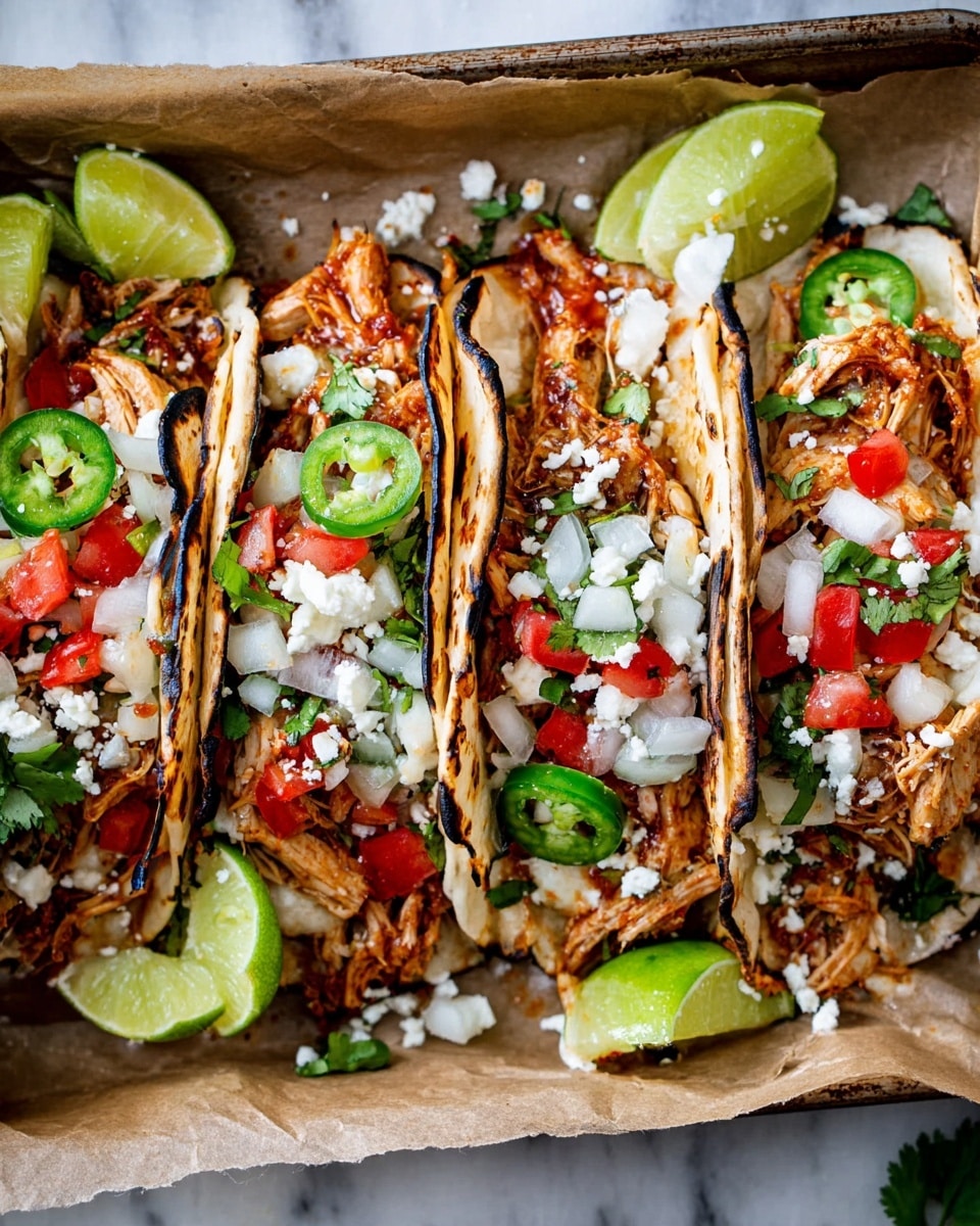Four tacos are arranged side by side on a baking tray lined with brown paper, each taco having three lightly charred soft white tortillas forming the base. Inside each taco, there is a layer of shredded meat with a reddish-brown color mixed with melted cheese. On top of the meat, fresh diced white onions and bright red tomatoes add color and texture along with chopped green cilantro leaves. Thin slices of green jalapeño peppers peek out from under the fillings. Crumbled white cheese is sprinkled over everything, with several lime wedges placed around the tacos, adding a fresh, bright green touch. The surface beneath the tray is a white marbled texture. Photo taken with an iphone --ar 4:5 --v 7