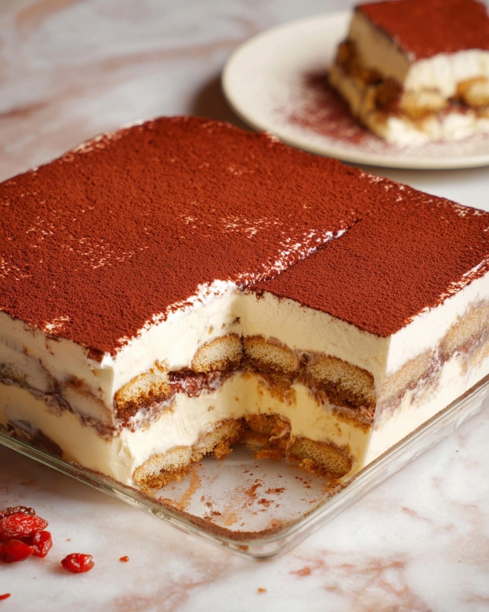 The image shows a square glass dish with a layered dessert inside on a white marbled surface. The dessert has three main visible layers: the bottom layer is soaked ladyfinger cookies in light brown color, followed by a thick creamy white mascarpone layer in the middle, and another layer of soaked ladyfinger cookies above it. The top layer is a smooth, even dusting of dark reddish-brown cocoa powder covering the entire surface. In the background, a slice of this dessert is placed on a white plate, showing the same layers clearly. The glass dish has a piece missing to reveal the inside layers clearly. There are some small red dried fruit pieces near the dish on the surface. photo taken with an iphone --ar 4:5 --v 7