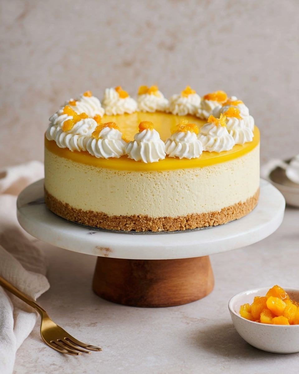 A three-layer round cake sits on a white marble cake stand with a wooden base; the bottom layer is a crumbly golden brown crust, the middle layer is a thick pale yellow cream, and the top layer is a thinner bright yellow topping. Around the edge of the cake's top are evenly spaced white whipped cream swirls, and the center is filled with small orange fruit pieces. A small white bowl with extra orange fruit pieces is placed nearby on a white marbled surface, with a woman’s hand in the background holding a gold fork. photo taken with an iphone --ar 4:5 --v 7