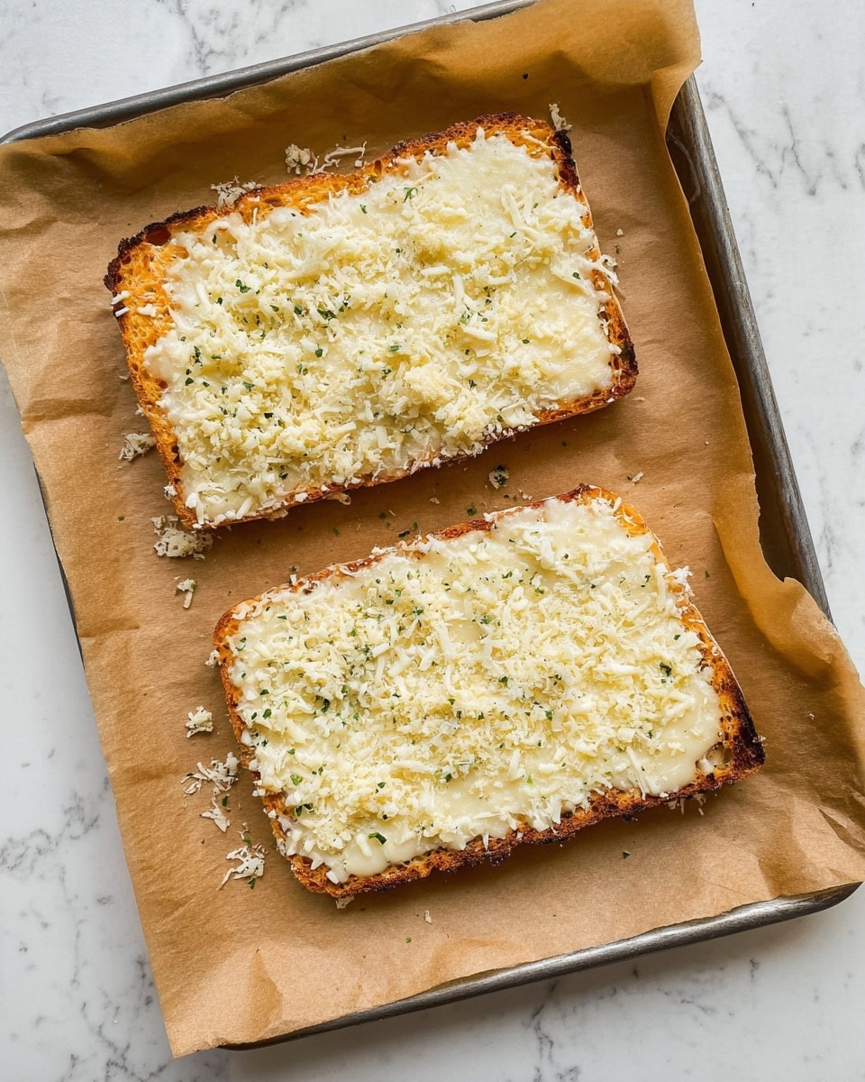 Two rectangular slices of toasted bread sit on brown baking paper on a metal baking tray. Each bread slice has a golden-brown base with flecks of green herbs visible through a thick, even layer of finely grated, creamy white cheese on top. The edges of the bread are slightly darker from toasting. The scene is set on a white marbled surface. photo taken with an iphone --ar 4:5 --v 7
