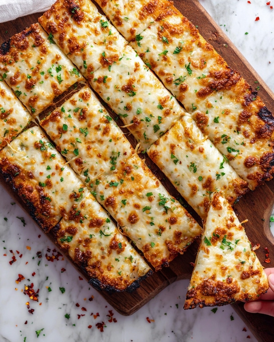 The image shows a square pizza sliced into long rectangular pieces, laid out on a wooden board. The pizza has a golden-brown, bubbly cheese layer that covers the whole surface, with some browned spots indicating it is baked. There are small green herb pieces sprinkled evenly over the cheese. The edges of the pizza are darkened and slightly crisp, with some areas showing a burnt texture. A woman's hand is holding a triangular slice that is partially separated from the rest of the pizza. The wooden board sits on a white marbled surface with some scattered herb bits and red chili flakes around it. photo taken with an iphone --ar 4:5 --v 7
