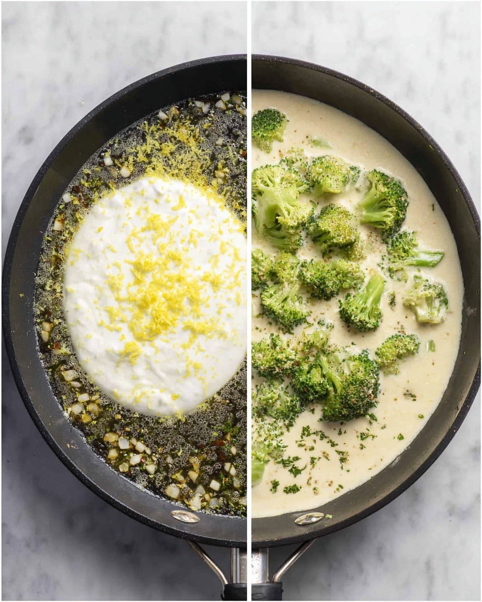 The image shows two side-by-side views of a black frying pan on a white marbled surface. On the left side, the pan holds a clear liquid with finely chopped garlic spread throughout, and a large dollop of thick white cream in the center, surrounded by bright yellow lemon zest bits. On the right side, the pan contains a thick creamy sauce base with bright green broccoli pieces scattered on top and a sprinkle of finely chopped herbs at the center, all contrasting with the pale sauce. photo taken with an iphone --ar 4:5 --v 7