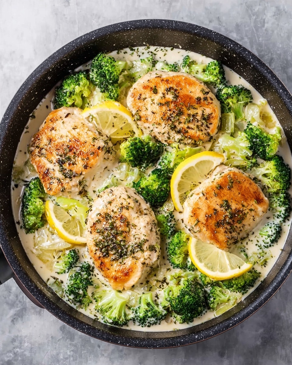 A black frying pan filled with a creamy white sauce base covering the bottom, scattered with bright green broccoli florets around the edges and under four golden-brown cooked chicken pieces spaced evenly in the center. Each chicken piece is sprinkled with dark herbs and paired with a thin slice of lemon, enhancing the color contrast against the creamy sauce and green broccoli. The entire setup rests on a white marbled surface. photo taken with an iphone --ar 4:5 --v 7