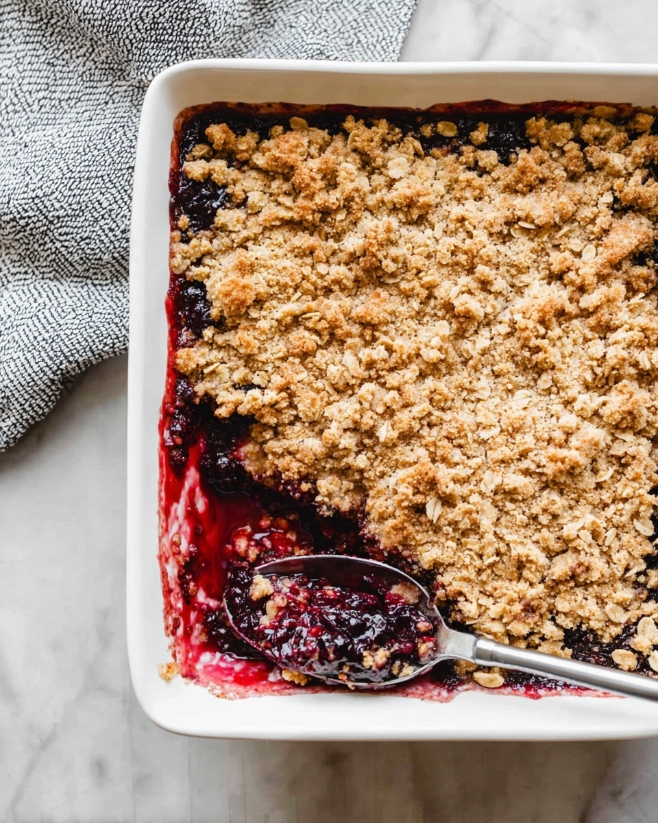 This image shows a white square baking dish filled with a two-layer dessert. The bottom layer is a thick, dark red and purple berry filling with a glossy texture, visible where a corner has been scooped out. The top layer is a golden brown crumbly oat topping, unevenly spread, covering most of the berry filling except the scooped corner. The dish is placed on a white marbled surface, and a piece of cloth with gray patterns is partially visible near the top left corner. Photo taken with an iphone --ar 4:5 --v 7