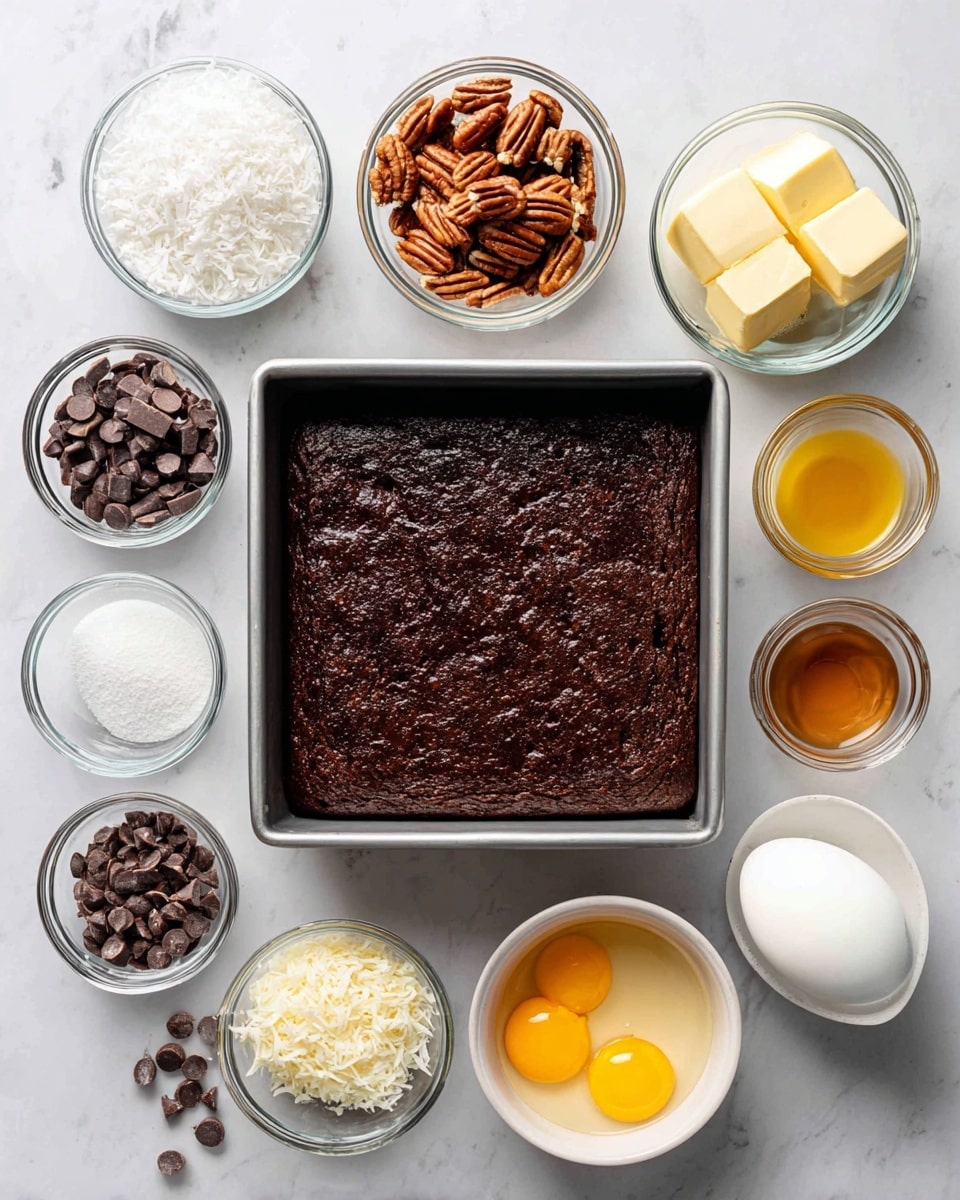 A square pan filled with a dark brown, baked brownie layer with a slightly bumpy texture sits on a white marbled surface. Surrounding the pan are small clear glass bowls arranged neatly, each holding a different ingredient: dark chocolate chips, rich brown pecan halves, white shredded coconut, pale yellow butter chunks, white granulated sweeteners, a small bowl of amber vanilla extract, white heavy cream, white coconut oil, and bright yellow egg yolks. Each bowl is placed with space around it, showing the clean and simple ingredients clearly. photo taken with an iphone --ar 4:5 --v 7