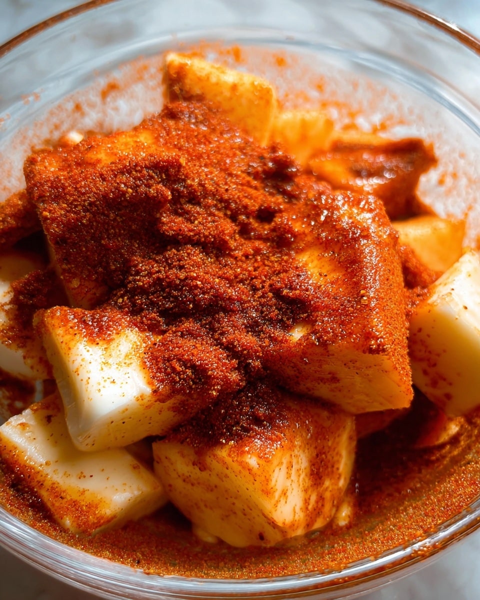 A close-up image of a glass bowl filled with soft, pale yellow and white cubes of butter at the bottom, covered with a thick layer of vibrant orange and dark red powdery seasoning and spice mix that creates a coarse texture on top. The spices look rich and scattered unevenly, giving a rough surface to the butter pieces, with some wet, glossy spots of melted butter showing through the spice layer. The bowl sits against a white marbled surface and the lighting highlights the shiny and rough parts of the butter and spice mix photo taken with an iphone --ar 4:5 --v 7