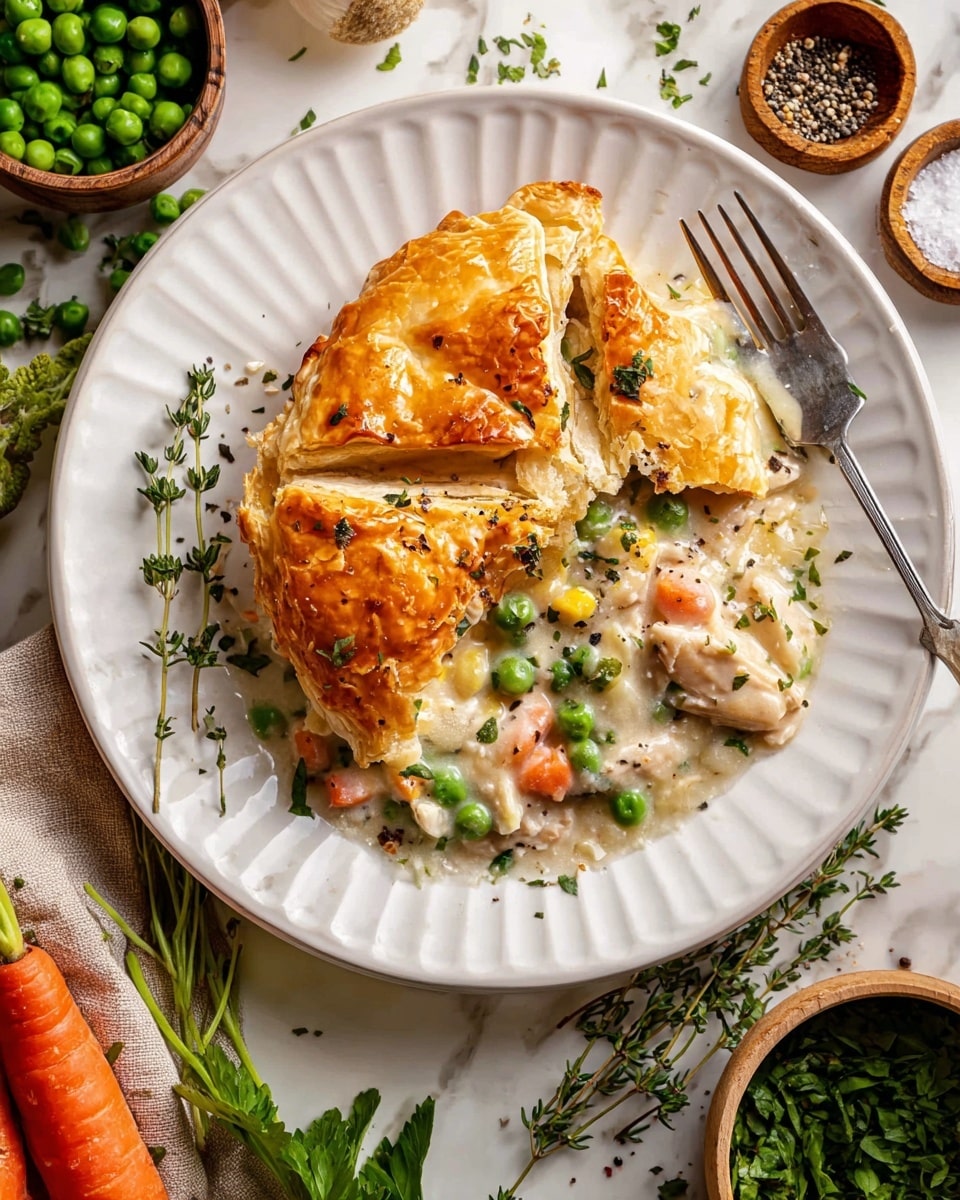 A white fluted plate holds a serving of chicken pot pie with a golden brown, shiny, flaky crust broken into three pieces on top. Beneath the crust is a creamy layer with visible green peas, orange carrot slices, light green celery, and chunks of chicken mixed with white sauce, sprinkled with black pepper and fresh green herbs. Around the plate are sprigs of thyme and chopped parsley, with a fork resting at the bottom right. The background shows a white marbled texture with garlic cloves, fresh parsley leaves, small bowls of black pepper and salt, a carrot, and a small bowl filled with green peas. Photo taken with an iphone --ar 4:5 --v 7