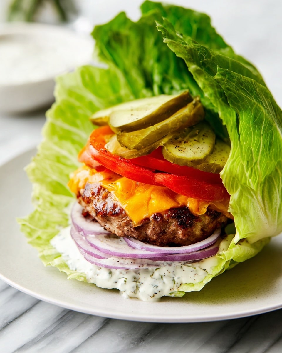 A lettuce-wrapped burger sits on a white plate with a white marbled surface underneath. The bottom layer is a large, fresh green lettuce leaf wrapped around. Inside the lettuce is a layer of thin, purple onion rings, topped by a thick, browned meat patty covered with a slice of melted orange cheddar cheese. On top of the cheese are bright red tomato slices, followed by two green pickle slices. The burger is finished with a layer of white creamy sauce dotted with black pepper, and wrapped gently with another large green lettuce leaf on top. Photo taken with an iphone --ar 4:5 --v 7