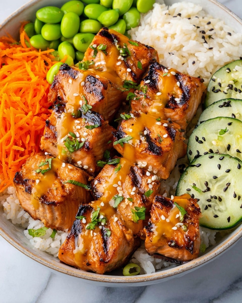 A white bowl holds six golden brown grilled salmon pieces arranged in the center and bottom, each with grill marks, drizzled with orange sauce and sprinkled with white sesame seeds and green herbs. To the top left are bright green edamame beans and shredded orange carrots. In the middle and right top, there is a layer of fluffy white rice with some black sesame seeds. To the far right, thin cucumber slices with black seeds are placed on top of the rice. The bowl sits on a white marbled surface photo taken with an iphone --ar 4:5 --v 7