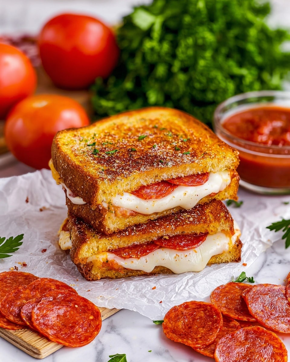The image shows a grilled sandwich with two slices of golden brown toasted bread, each with a slightly crispy texture and a sprinkle of spices on top. Inside, there is a layer of melted white cheese and bright red pepperoni slices, some cheese is oozing out of the sandwich. The sandwich is placed on white parchment paper on a white marbled surface. Around the sandwich, there are loose pepperoni slices, fresh vine tomatoes, a glass bowl filled with red sauce, and a bunch of fresh green parsley in the background. Photo taken with an iphone --ar 4:5 --v 7