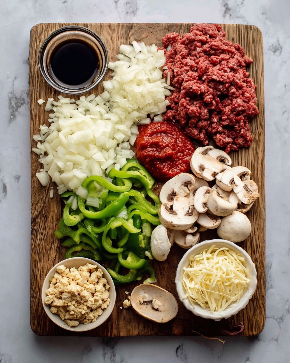 Philly Cheesesteak Soup Recipe 4 The image shows a wooden board with five groups of ingredients arranged in sections: white chopped onions on the top left, dark red raw ground beef with small light bits in the upper middle, a bright red scoop of thick tomato paste below the beef, pale sliced mushrooms on the right, and bright green sliced bell peppers below the onions and tomato paste. On the left edge of the board is a small glass bowl with dark soy sauce. To the right of the board is a small white bowl filled with light tan crumbled pieces. Below the board is another small white bowl filled with thin, pale yellow shredded cheese. The background is a white marbled surface. Photo taken with an iphone --ar 4:5 --v 7