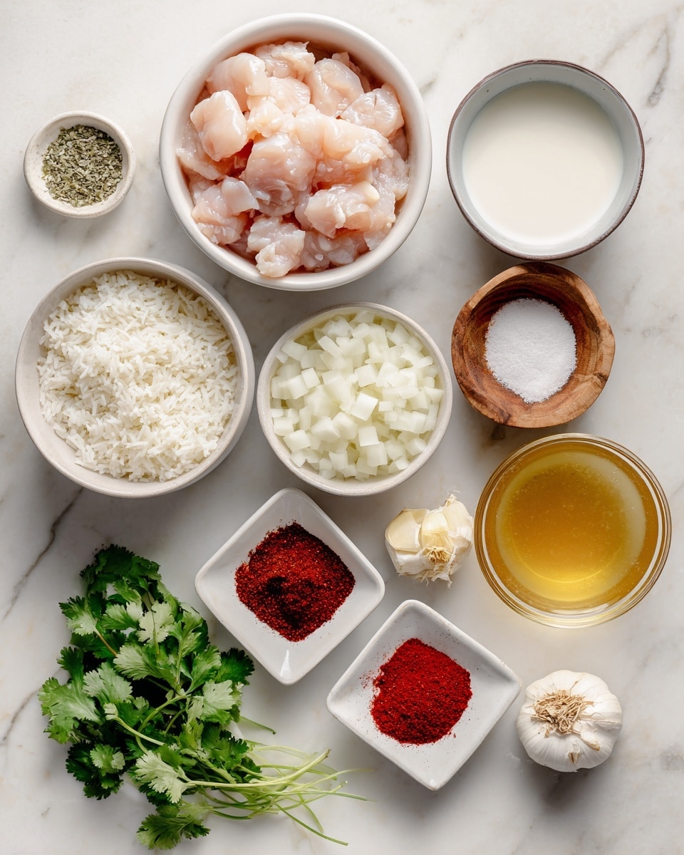 The image shows a collection of ingredients arranged neatly on a white marbled surface. There is one white bowl filled with light pink pieces of raw chicken, another white bowl with small white rice grains, and a third white bowl with diced white onion pieces. A small white bowl contains smooth white coconut milk. Nearby, a small wooden container holds coarse white salt with its lid slightly off. There are small white square dishes holding bright red smoked paprika powder, coarse dried oregano, and deep red tomato paste. Three peeled garlic cloves and a small glass bowl with pale yellow grated ginger sit next to a white bowl filled with golden vegetable broth. A small bunch of fresh green cilantro rests near the salt container. The setting is clean and simple. Photo taken with an iphone --ar 4:5 --v 7