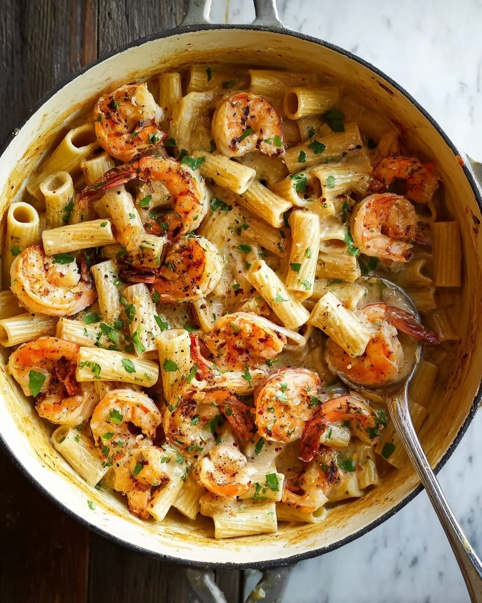 This image shows a large white pot filled with cooked rigatoni pasta and shrimp in a creamy sauce. The rigatoni are short tubes with a light yellow color, mixed evenly throughout the dish. The shrimp are large, orange-pink with a slight char, scattered on top and inside, making them very visible. Fresh chopped green herbs are sprinkled over everything, adding some green color. The sauce is creamy and light brown, coating the pasta and shrimp smoothly. A metal spoon rests in the pot, lifting some pasta, and the pot sits on a white marbled surface. photo taken with an iphone --ar 4:5 --v 7