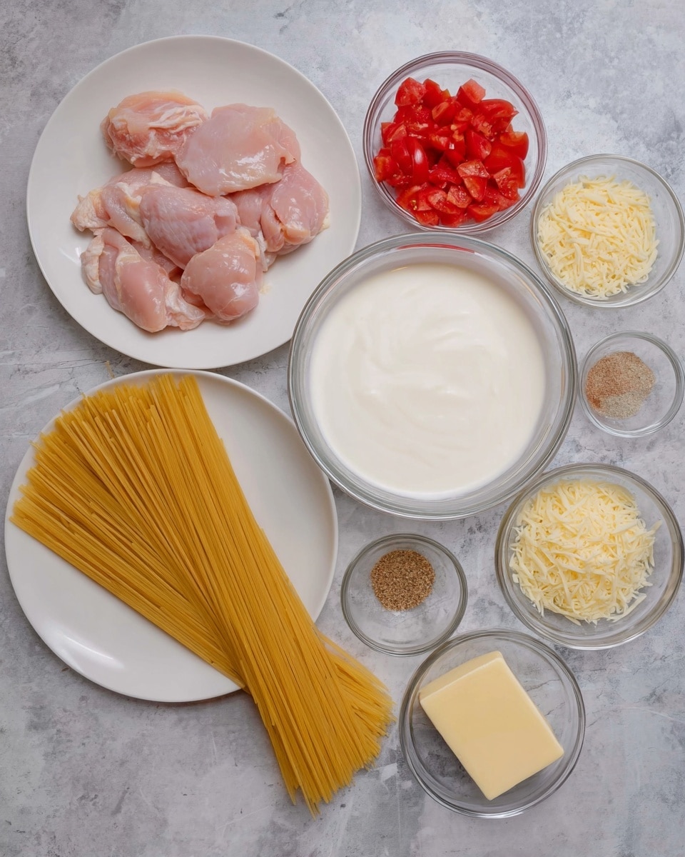 A flat lay image showing raw ingredients on a white marbled surface, including a white plate with several pieces of light pink raw chicken on the top left, a white plate with uncooked yellow spaghetti pasta spread out on the bottom left, a large clear glass bowl filled with white cream in the center, a small clear bowl of diced red tomatoes above the cream bowl, another small clear bowl filled with light yellow grated cheese to the right of the tomato bowl, a small clear bowl of light brown spice mix below the cheese, a small clear bowl with a cube of light yellow butter to the right of the spice mix, and a tiny clear bowl with minced light yellow garlic at the bottom right; all ingredients evenly spaced and neatly arranged, photo taken with an iphone --ar 4:5 --v 7