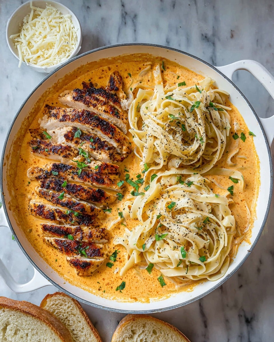 A white pan filled with creamy orange sauce topped with two parts: on the left side, sliced grilled chicken with a golden brown char and small green herb pieces scattered on top; on the right side, two nests of light beige fettuccine noodles sprinkled with black pepper and green herbs. A small white dish of grated cheese sits above the pan on a white marbled surface, with two slices of bread partially visible at the bottom. photo taken with an iphone --ar 4:5 --v 7